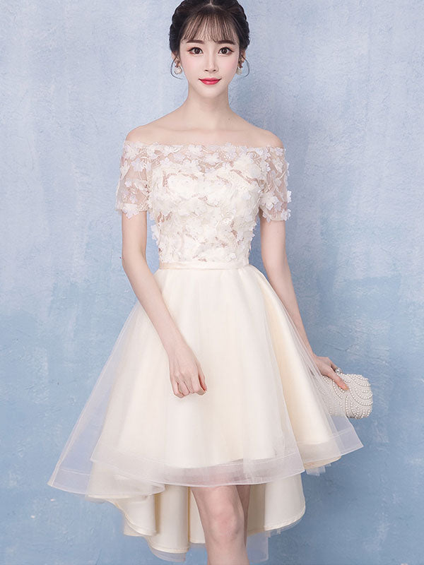Beige Appliques High Low Off Shoulder Party Dress