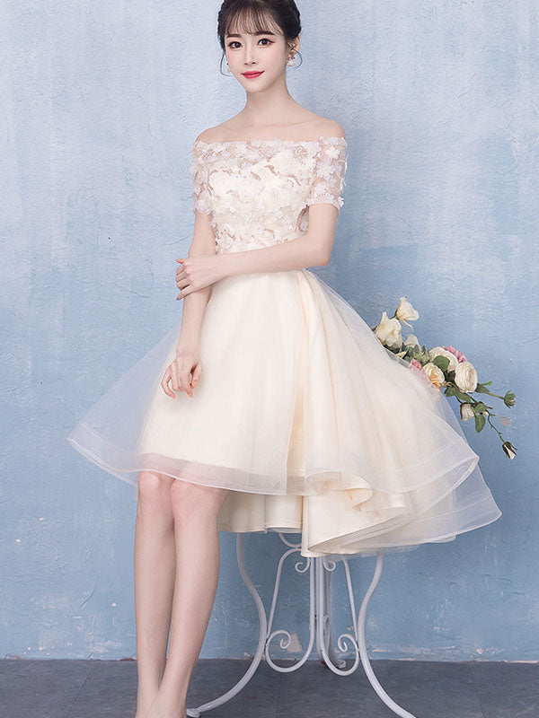 Beige Appliques High Low Off Shoulder Party Dress
