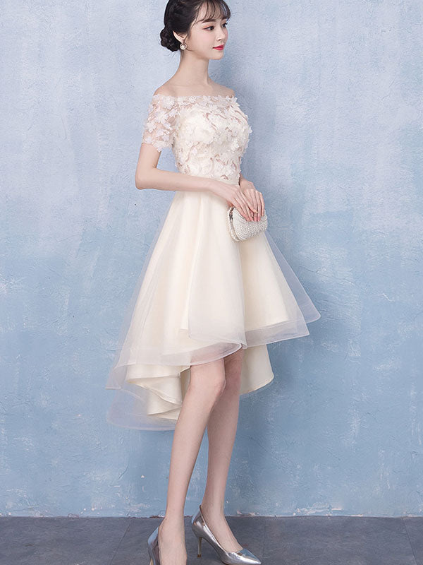 Beige Appliques High Low Off Shoulder Party Dress