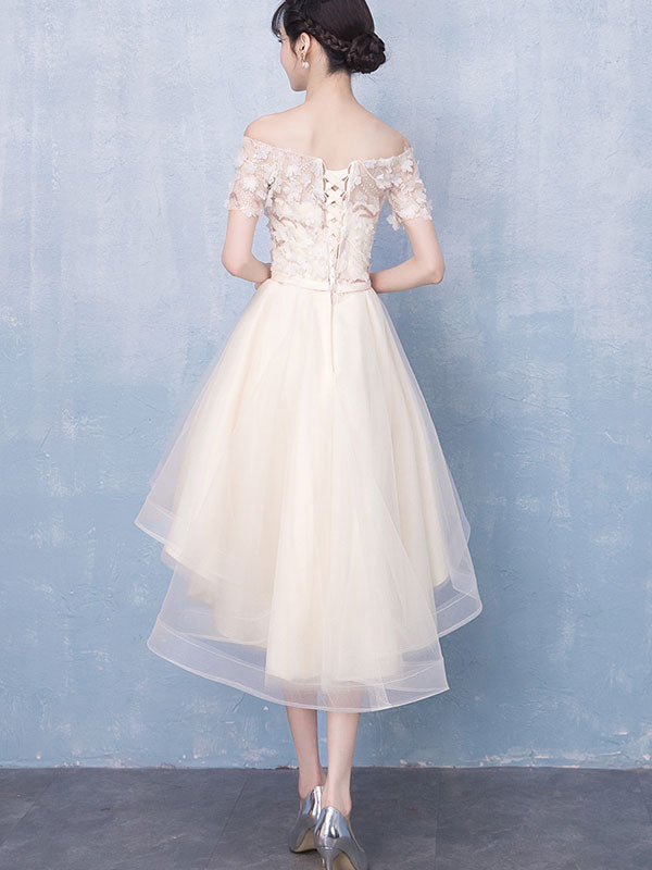 Beige Appliques High Low Off Shoulder Party Dress