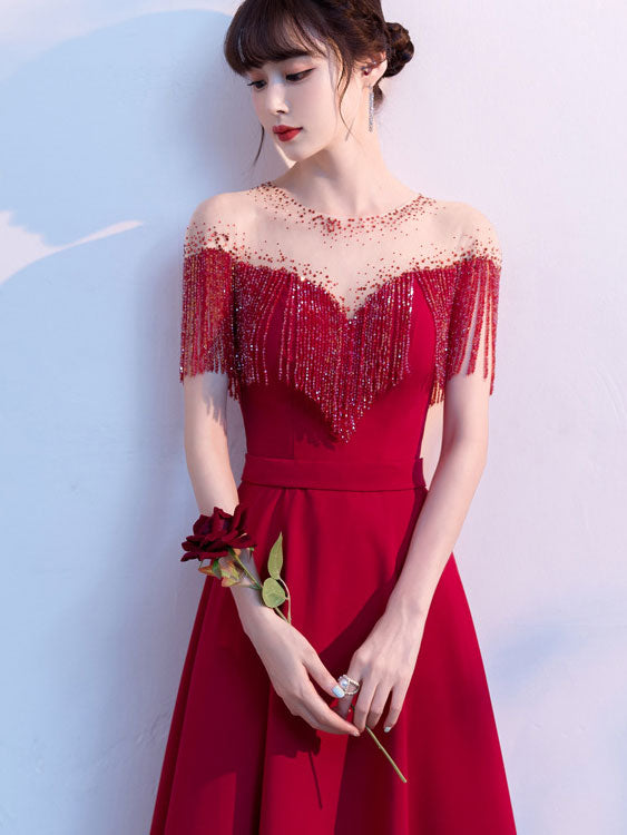 Red Black Beads Tassels A-Line Mid Formal Dress