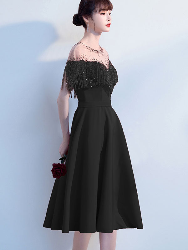 Red Black Beads Tassels A-Line Mid Formal Dress