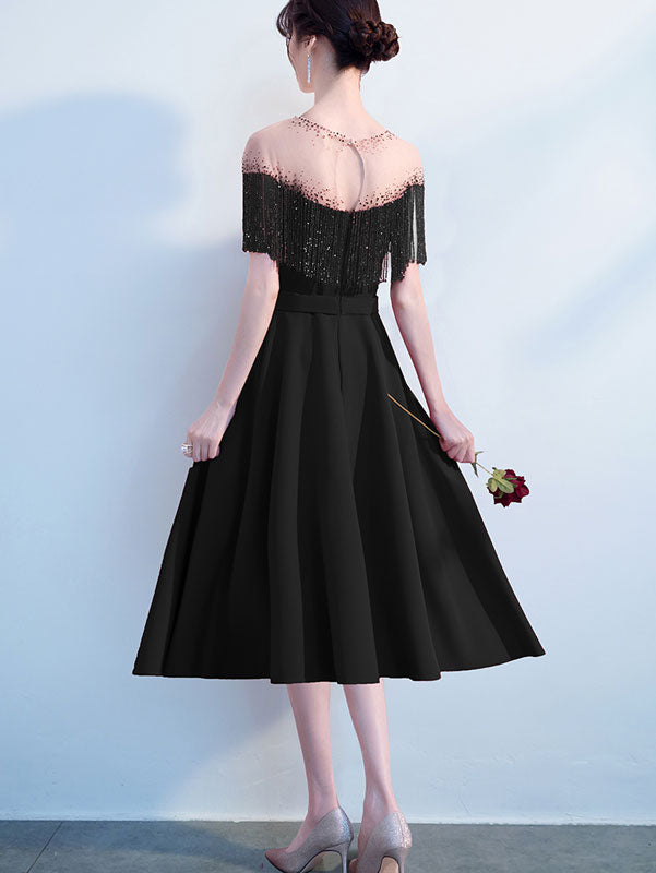 Red Black Beads Tassels A-Line Mid Formal Dress