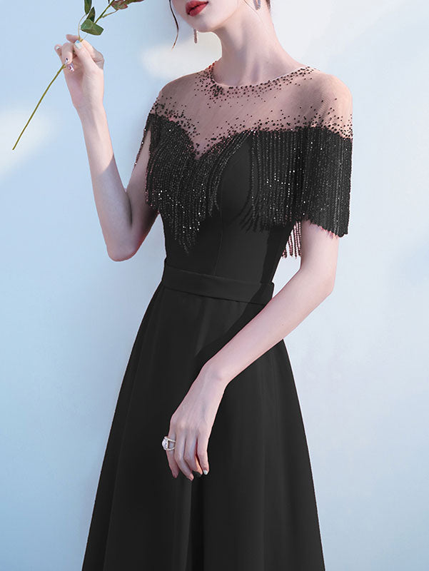 Red Black Beads Tassels A-Line Mid Formal Dress
