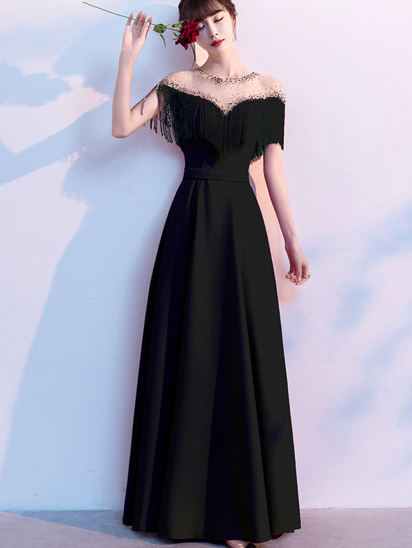Red Black Beads Tassels A-Line Full Length Formal Dress