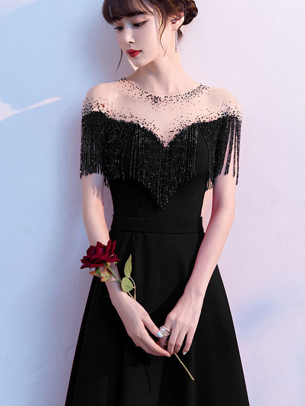 Red Black Beads Tassels A-Line Full Length Formal Dress