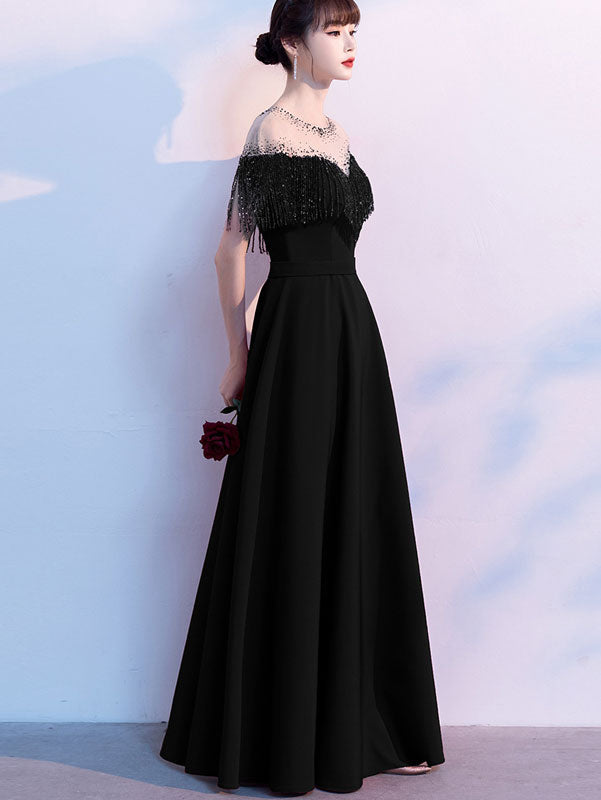Red Black Beads Tassels A-Line Full Length Formal Dress