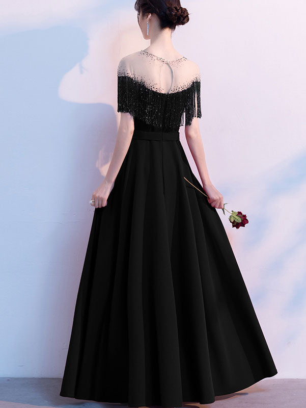 Red Black Beads Tassels A-Line Full Length Formal Dress