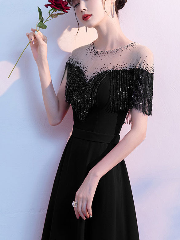 Red Black Beads Tassels A-Line Full Length Formal Dress