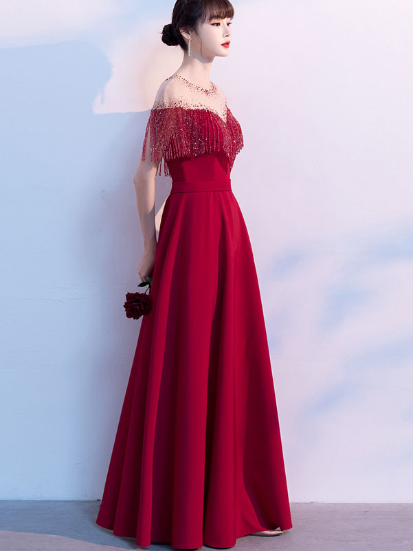 Red Black Beads Tassels A-Line Full Length Formal Dress