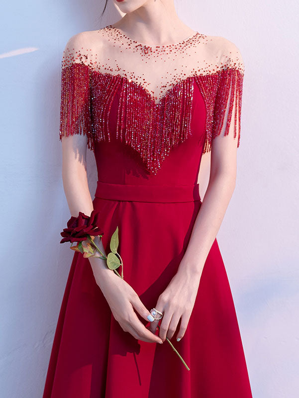 Red Black Beads Tassels A-Line Full Length Formal Dress