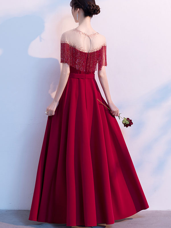 Red Black Beads Tassels A-Line Full Length Formal Dress