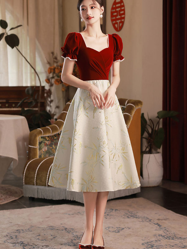 Color-block Pleat A-Line Jacquard Party Dress