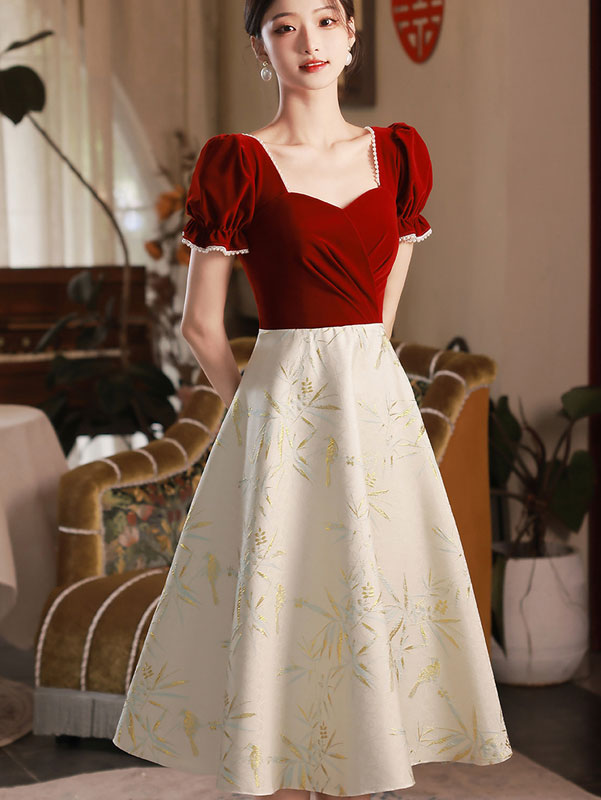 Color-block Pleat A-Line Jacquard Party Dress