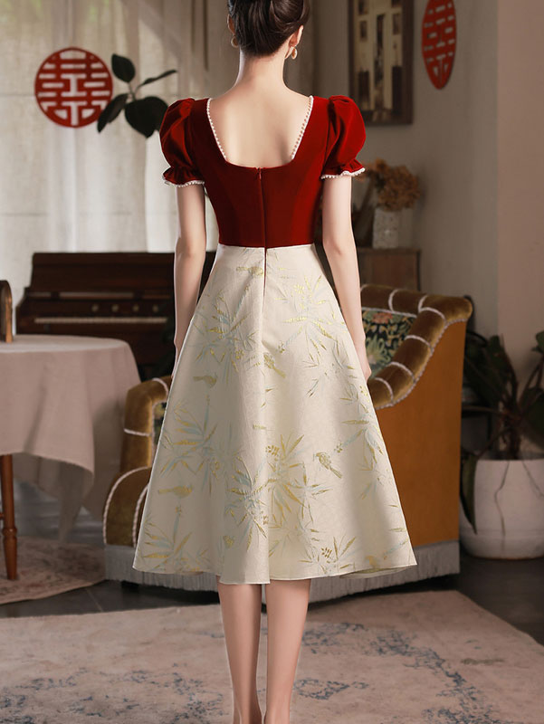 Color-block Pleat A-Line Jacquard Party Dress