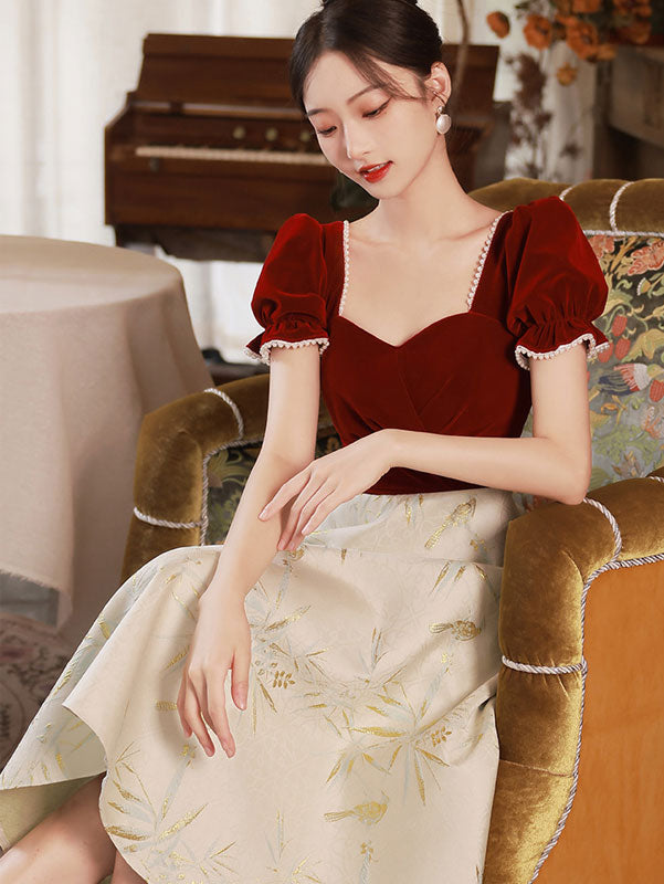 Color-block Pleat A-Line Jacquard Party Dress