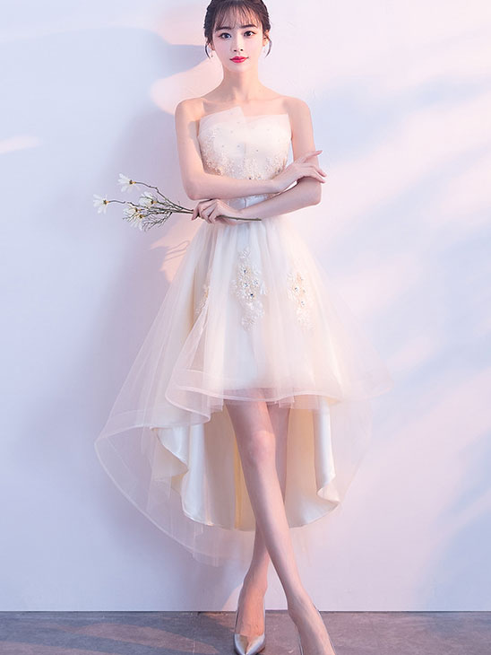 Gray Beige Appliques High Low Bandeau Party Dress