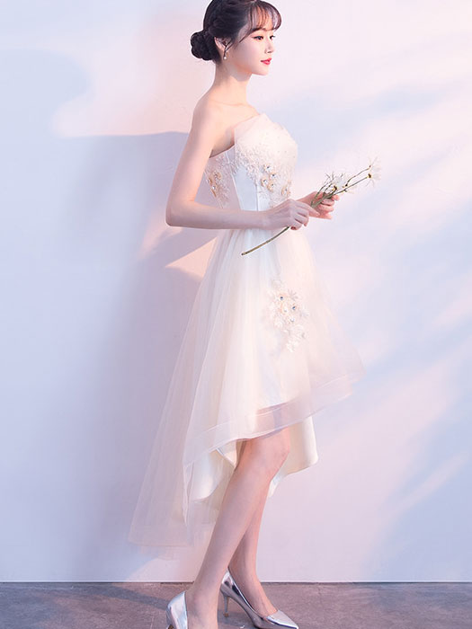 Gray Beige Appliques High Low Bandeau Party Dress