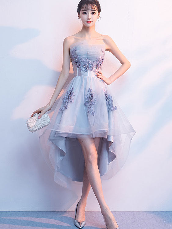 Gray Beige Appliques High Low Bandeau Party Dress
