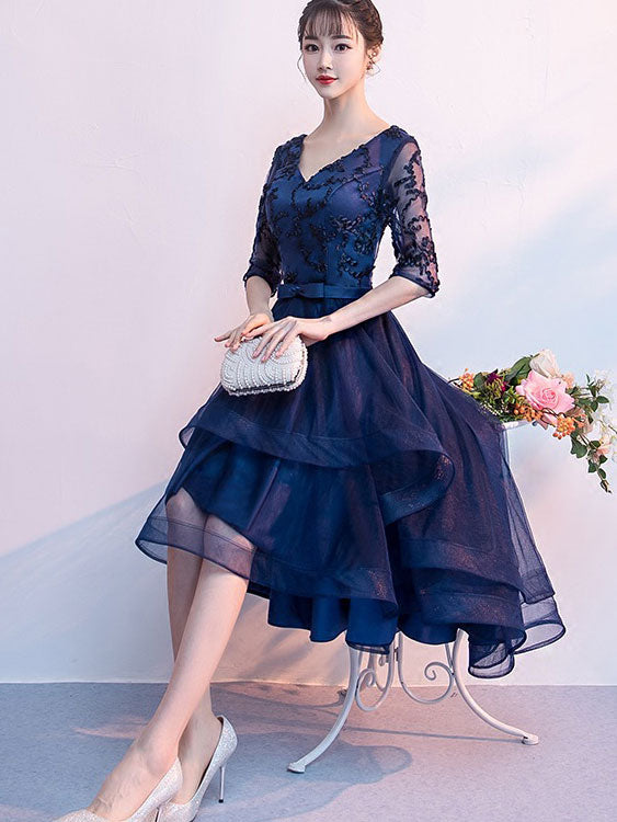 Blue Red High Low V-neck Formal Dress