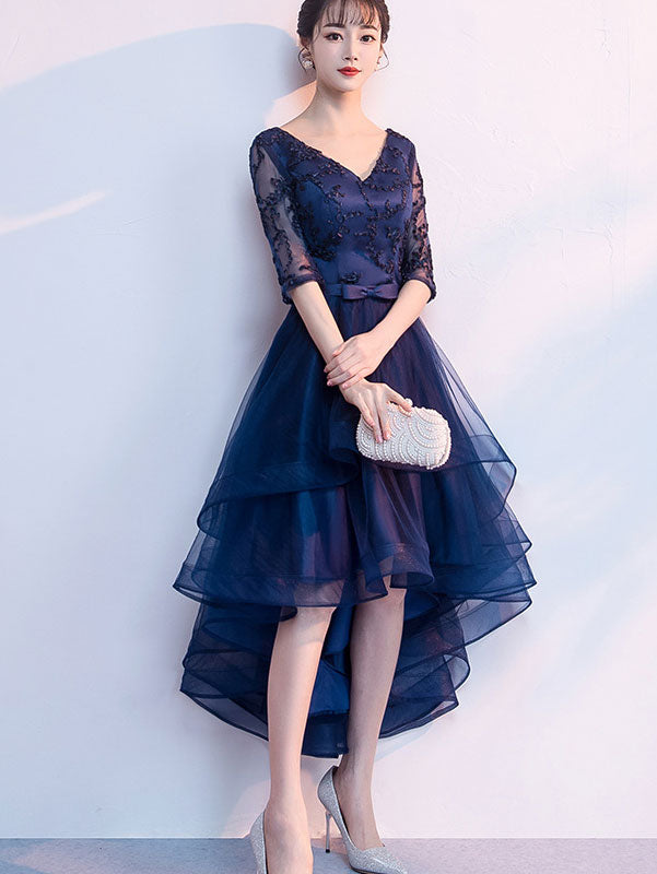 Blue Red High Low V-neck Formal Dress