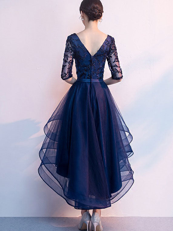 Blue Red High Low V-neck Formal Dress