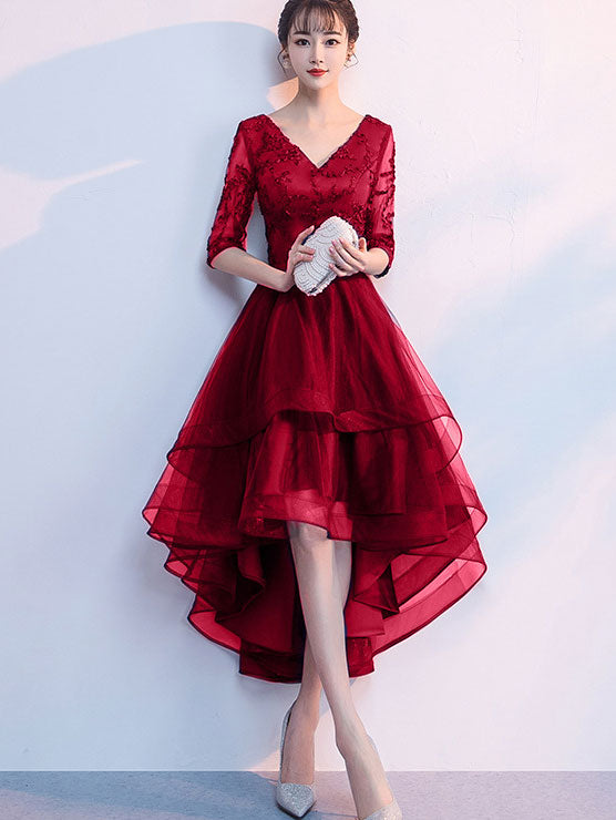 Blue Red High Low V-neck Formal Dress