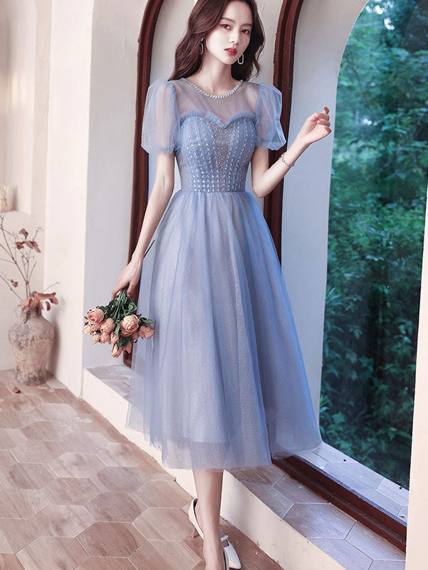 Blue Illusion Fit & Flare Sweetheart Neck Tea Dress