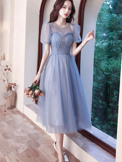 Blue Illusion Fit & Flare Sweetheart Neck Tea Dress