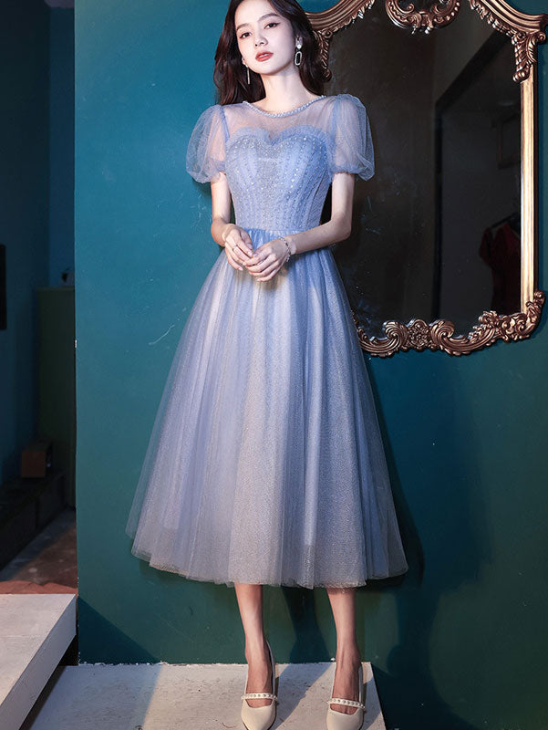 Blue Illusion Fit & Flare Sweetheart Neck Tea Dress