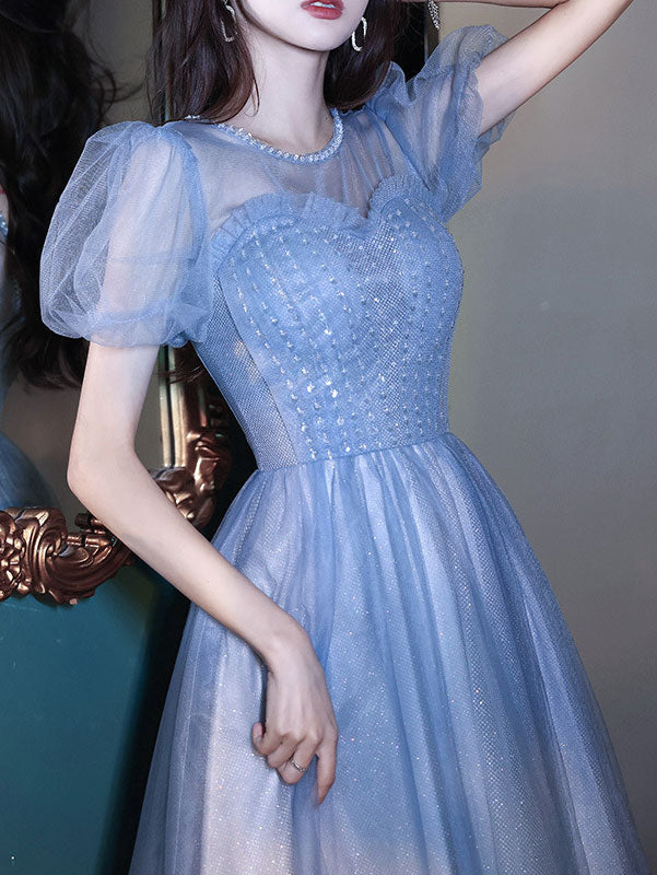 Blue Illusion Fit & Flare Sweetheart Neck Tea Dress