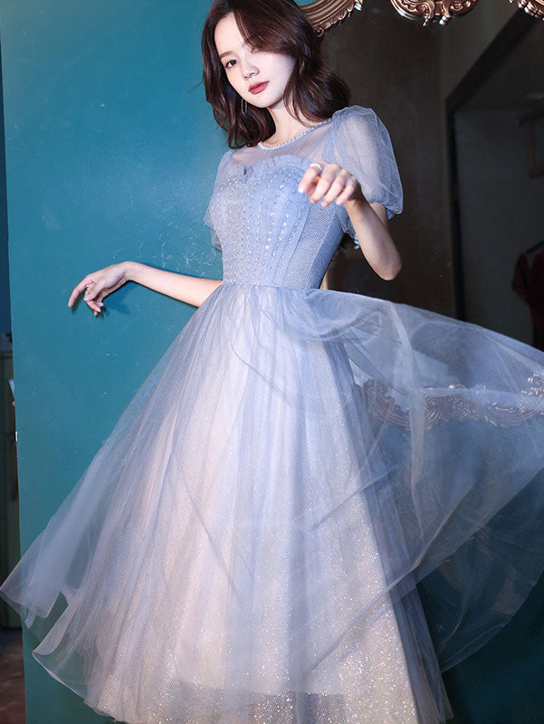 Blue Illusion Fit & Flare Sweetheart Neck Tea Dress