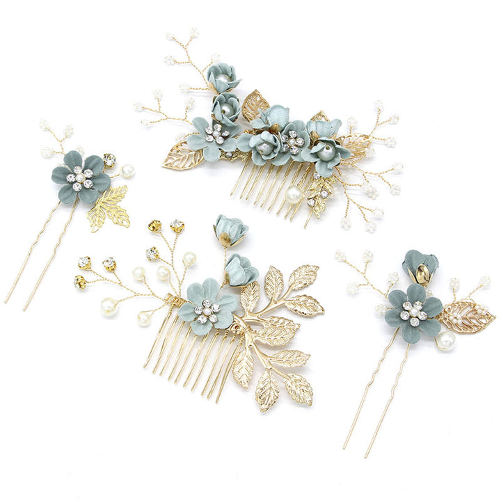 4 Pics Rhinestone Flower Bridesmaids Wedding Hair Combs Pins