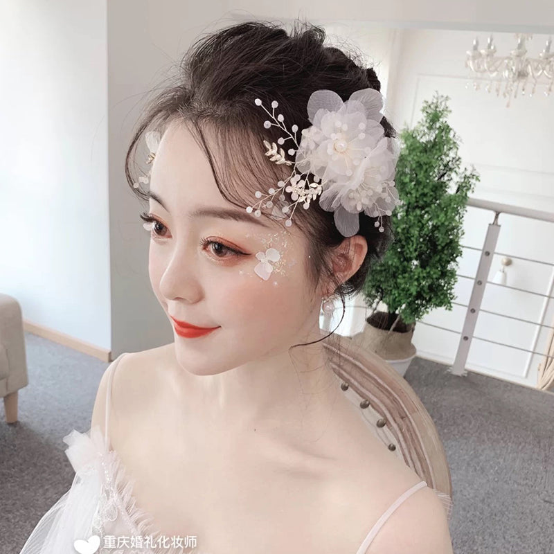 2-Pics Fabric Petals Crystals Floral Bridal Hair Clips