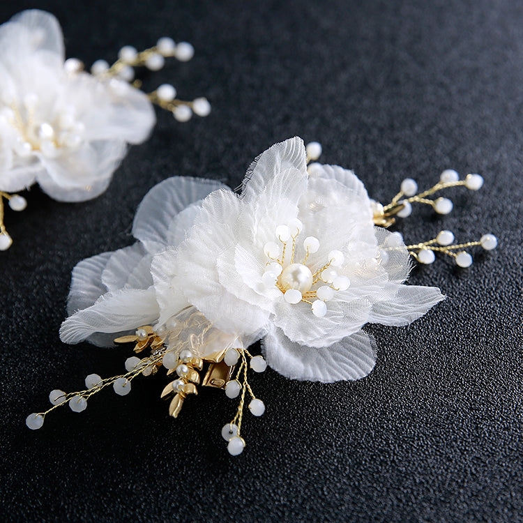 2-Pics Fabric Petals Crystals Floral Bridal Hair Clips