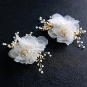 2-Pics Fabric Petals Crystals Floral Bridal Hair Clips