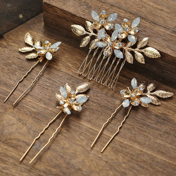 4 Pics Gold Alloy Leaf Bridesmaids Wedding Hair Combs Pins