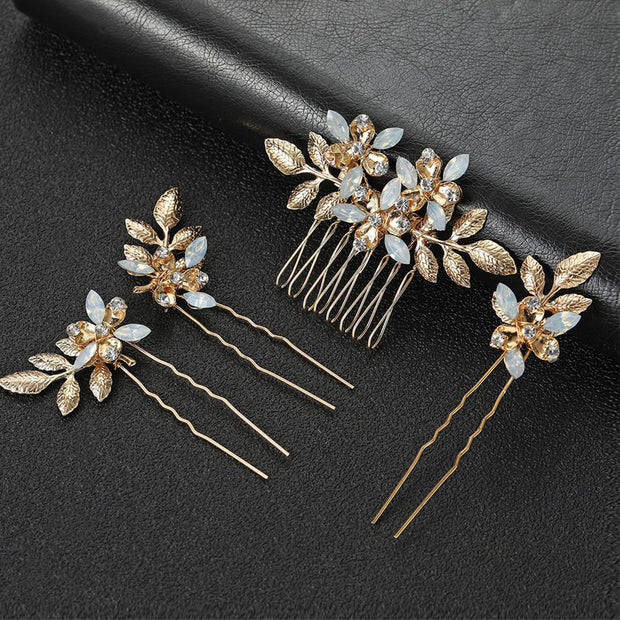 4 Pics Gold Alloy Leaf Bridesmaids Wedding Hair Combs Pins