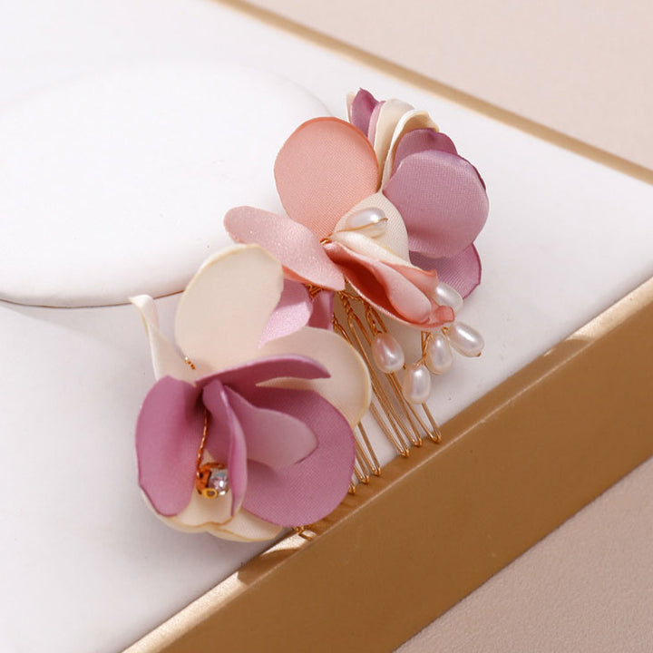 Pink Fabrics Flower Wedding Bride Hair Comb Clip