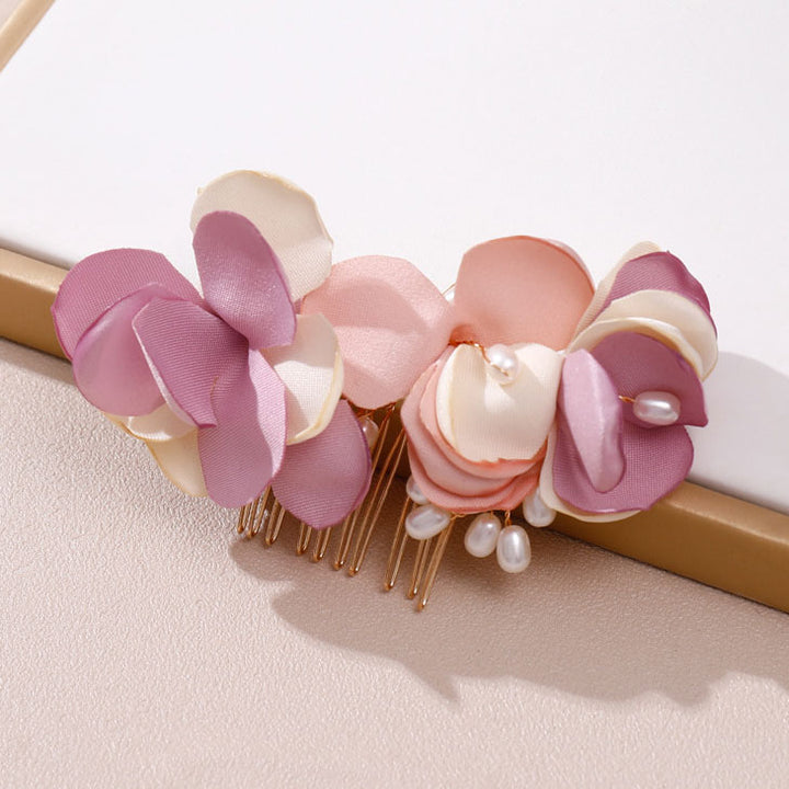Pink Fabrics Flower Wedding Bride Hair Comb Clip