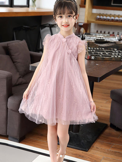 Pink Green Kid Girls Lace Cheongsam Dress