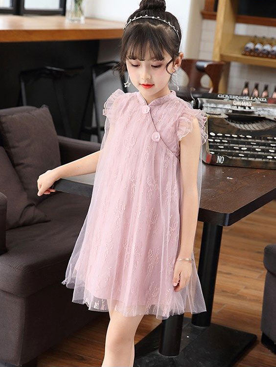 Pink Green Kid Girls Lace Cheongsam Dress