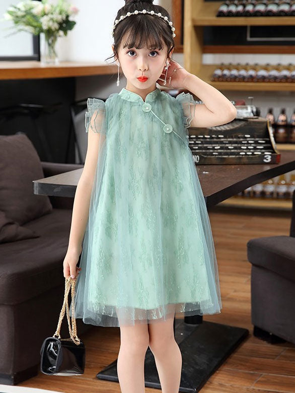 Pink Green Kid Girls Lace Cheongsam Dress