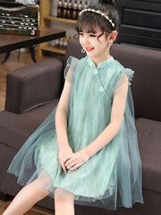 Pink Green Kid Girls Lace Cheongsam Dress