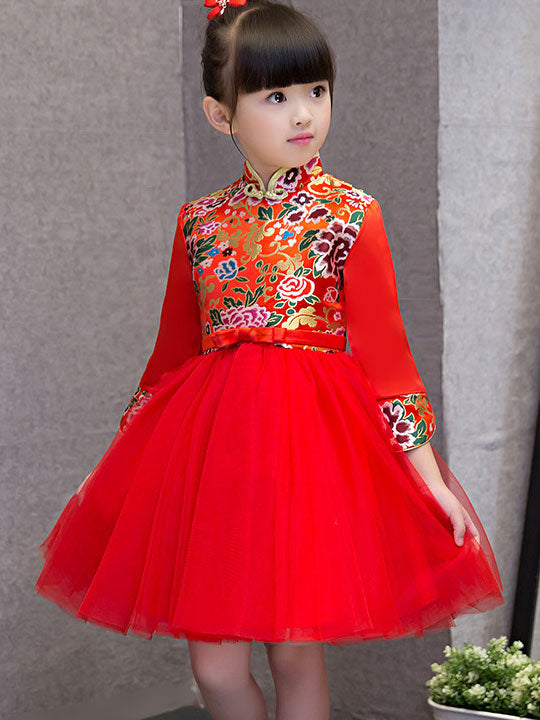 Kids Red Cheongsam / Qipao Dress with Tulle Skirt