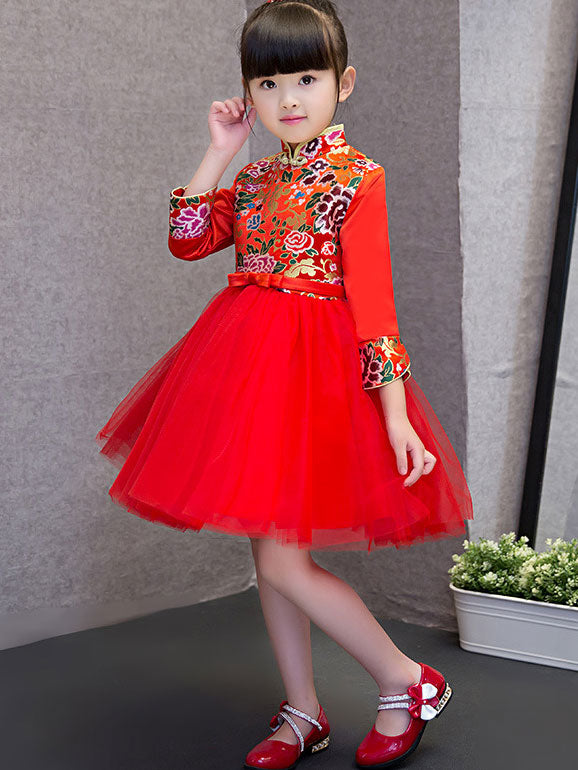 Kids Red Cheongsam / Qipao Dress with Tulle Skirt