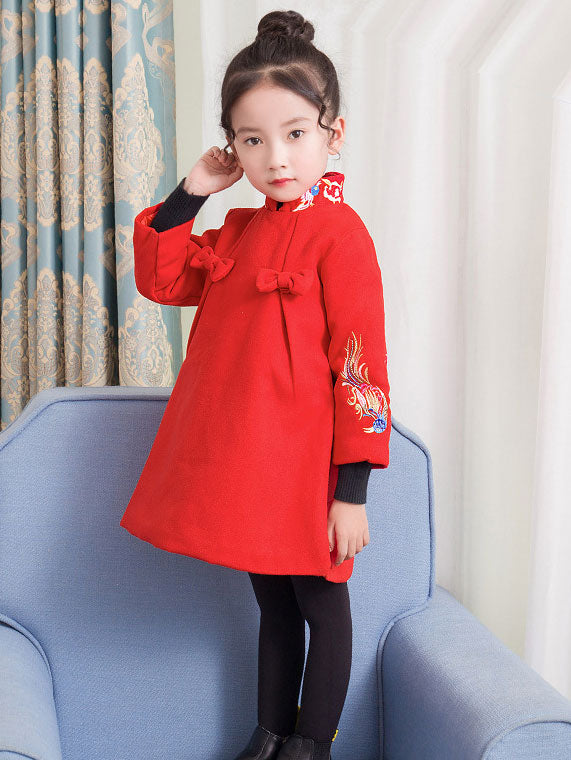 Red Embroidered Kids Girls Winter Cheongsam Dress