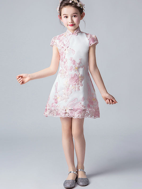 Pink Embroidered Kids Girls Cheongsam / Qipao Dress