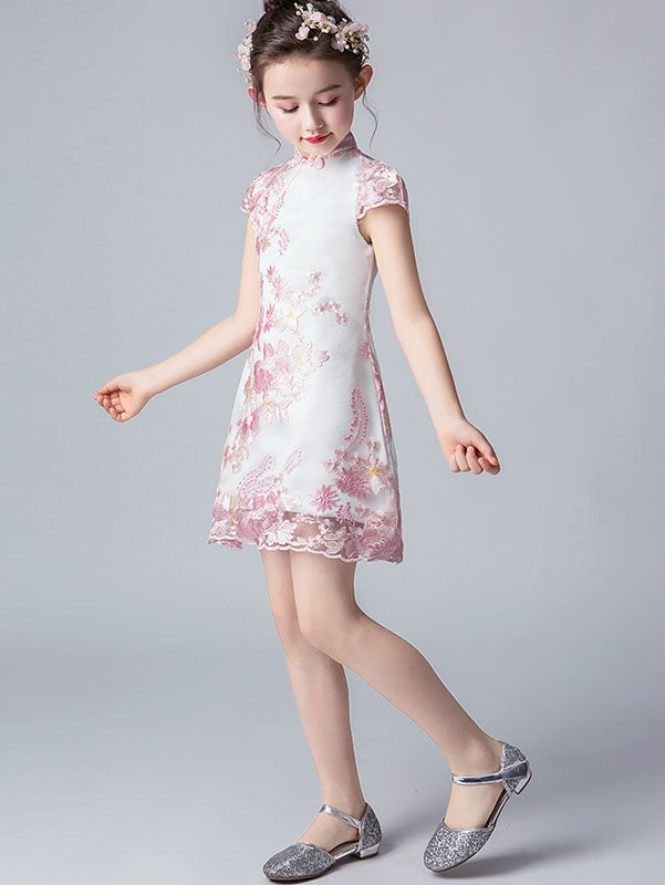 Pink Embroidered Kids Girls Cheongsam / Qipao Dress