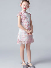 Pink Embroidered Kids Girls Cheongsam / Qipao Dress
